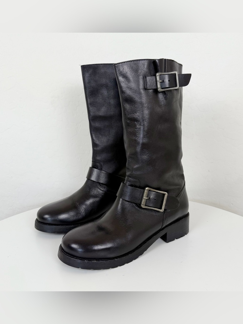 Free People Black Leather Mid-Calf Buckle Heeled Boots - Picture 5 of 14